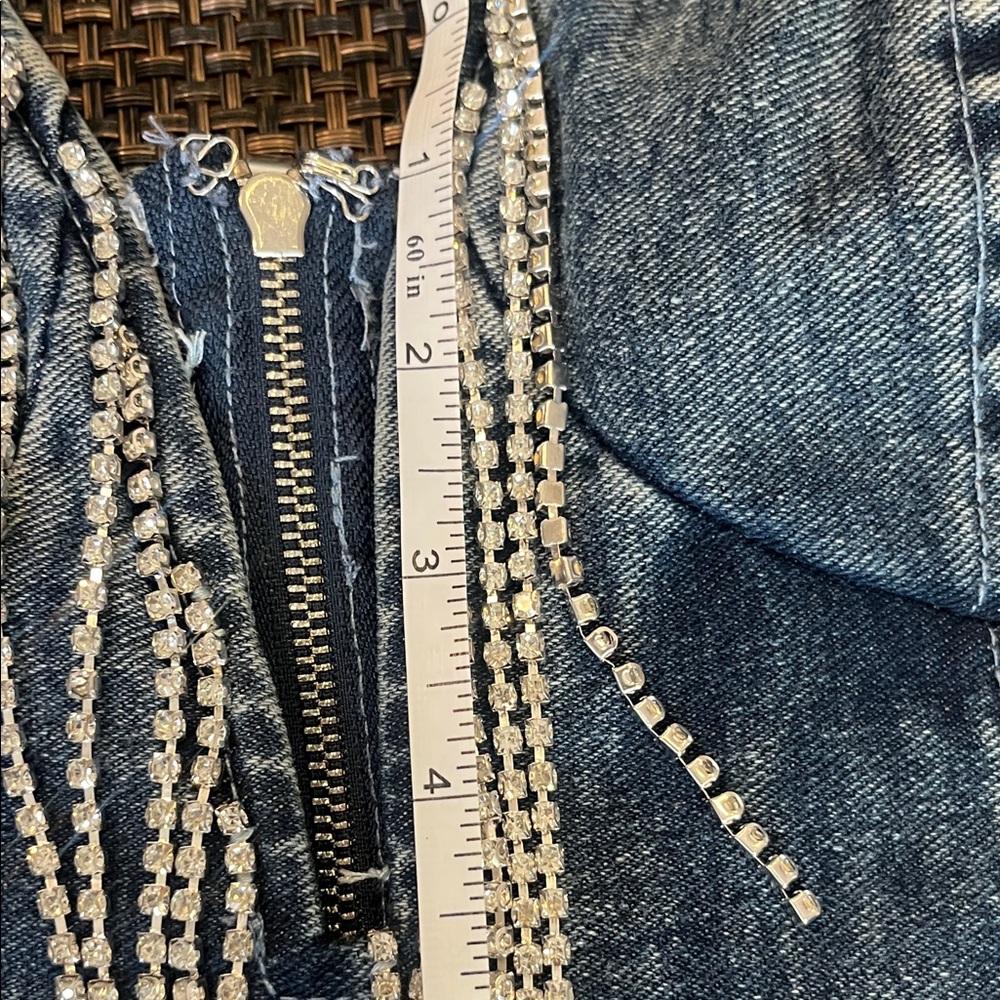 Lulus Strapless Denim Mini Dress Witn Rhinestone Fringe NWT SZ L - Picture 11 of 14